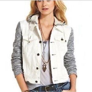 Free People Denim Distressed Gray Knit Sleeves Hooded Jacket Sz M